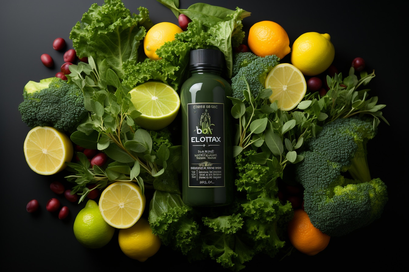 Dietoxone 30 : flacon de complément minceur avec fruits et végétaux en arrière-plan