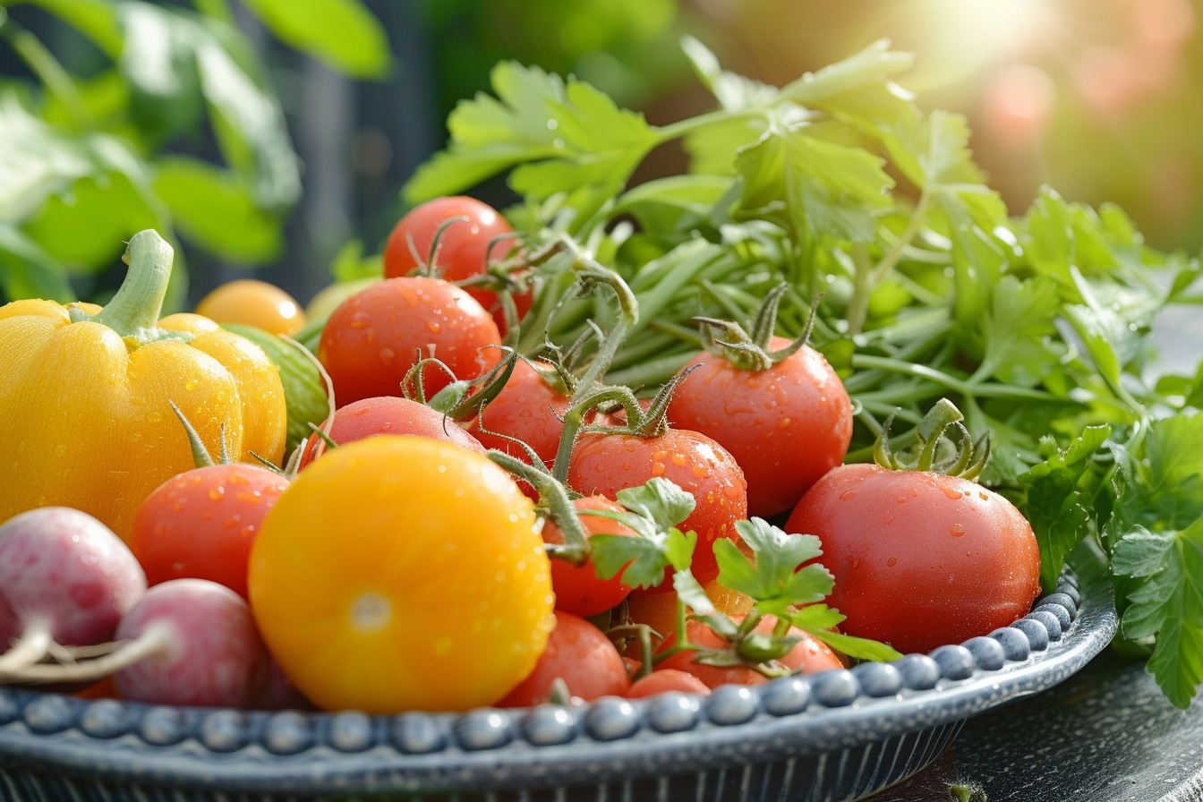 veganisme : assiette colorée avec des légumes et aliments végétaux