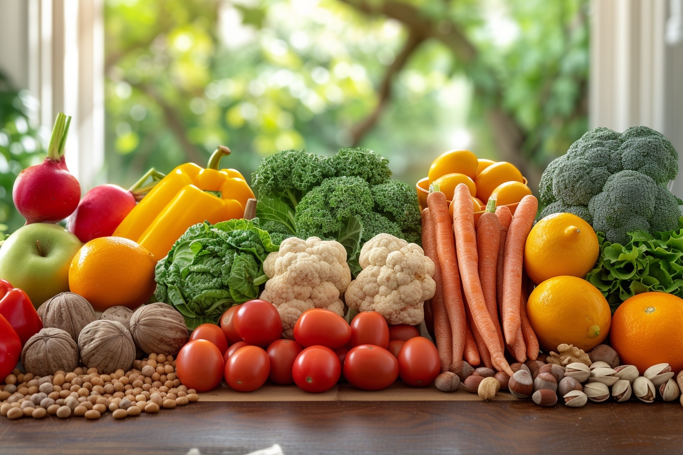 vegane Ernährung : gesunde pflanzenbasierte Lebensmittel auf einem Tisch