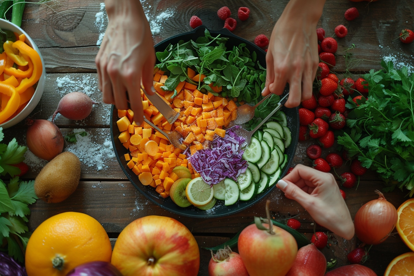 régime végétalien : illustration d'aliments végétaliens colorés et variés