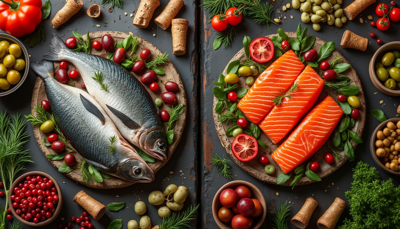 régime méditerranéen vs nordique : représentation visuelle des aliments typiques des deux régimes, comme l'huile d'olive, les légumes, les poissons et les baies