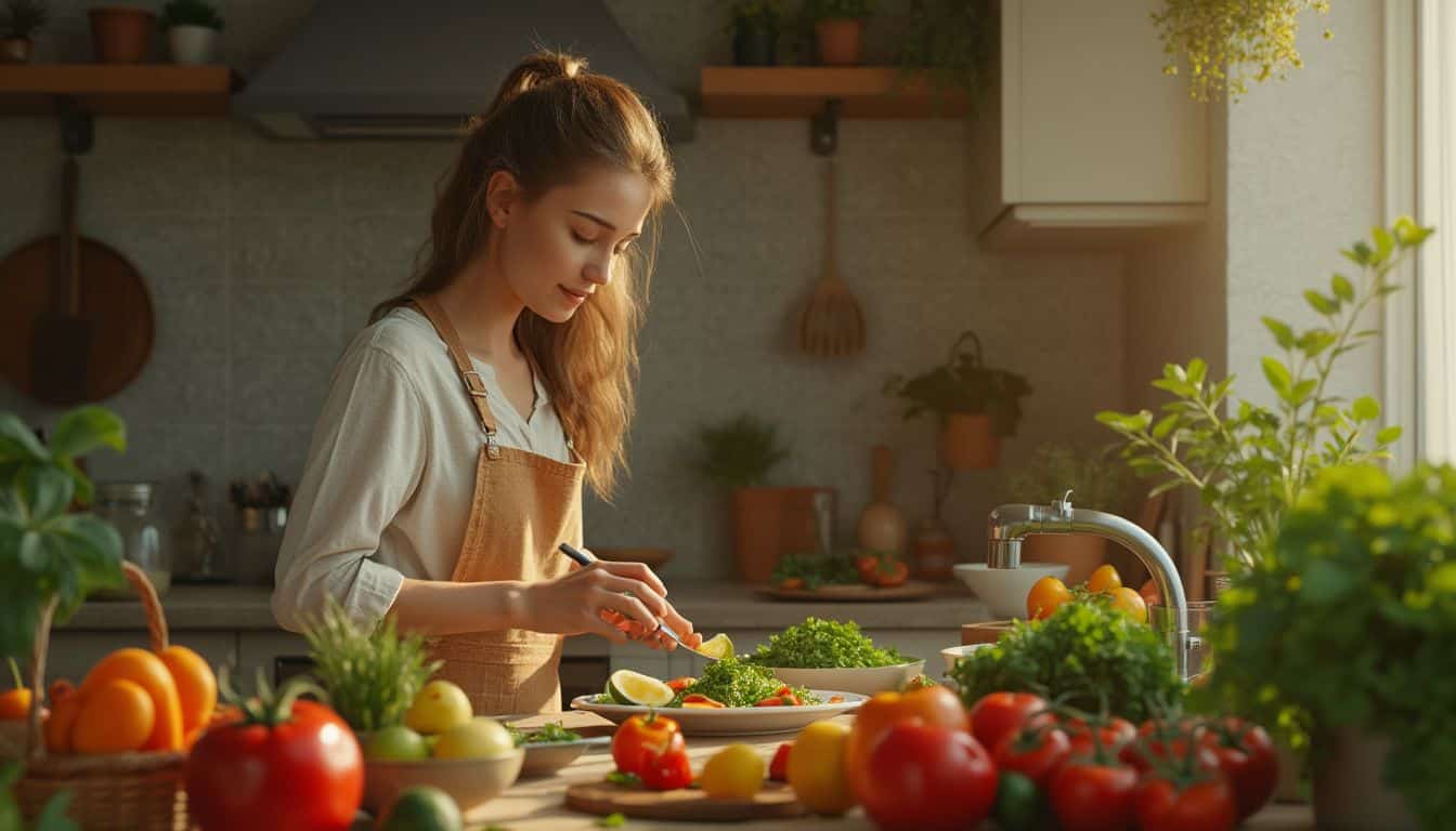 alimentation et santé mentale : fruits, légumes et poisson représentant une alimentation équilibrée