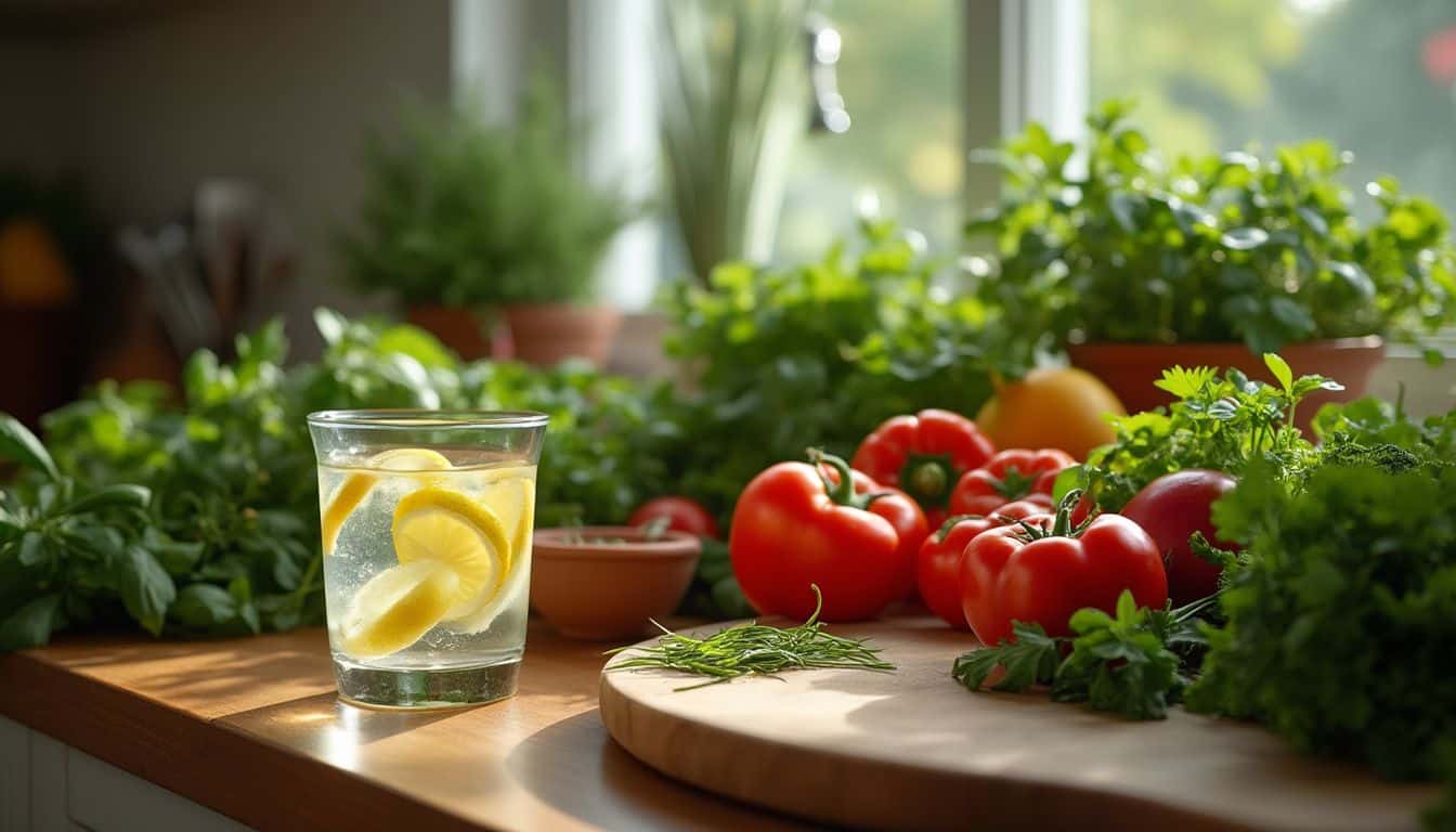 équilibre acido-basique : illustrations de fruits, légumes, et hydratation pour un bon équilibre