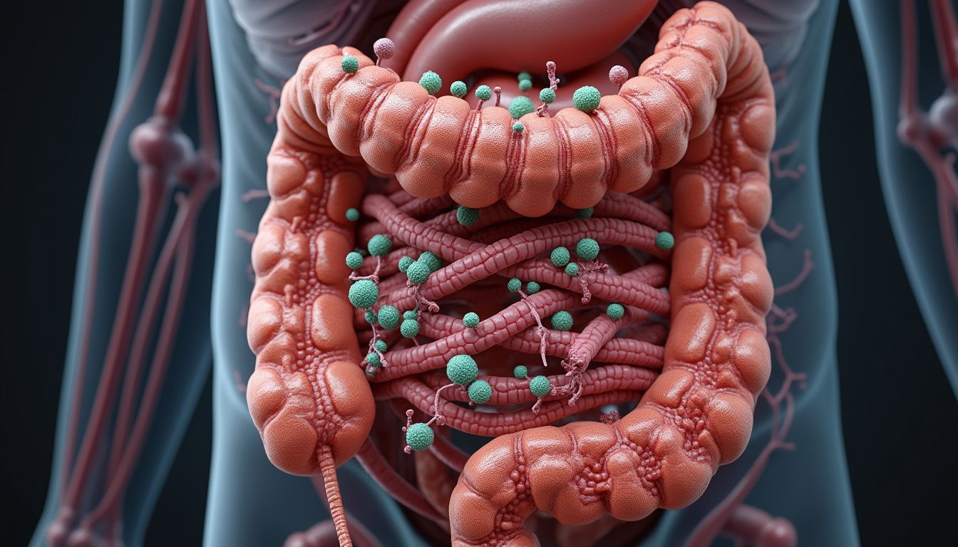 microbiote intestinal : représentation artistique du microbiote intestinal avec diverses bactéries