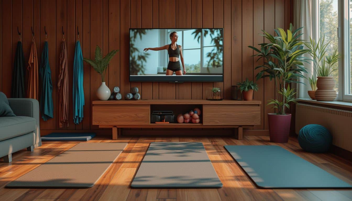 fitness à domicile : personne réalisant des exercices de fitness dans un salon