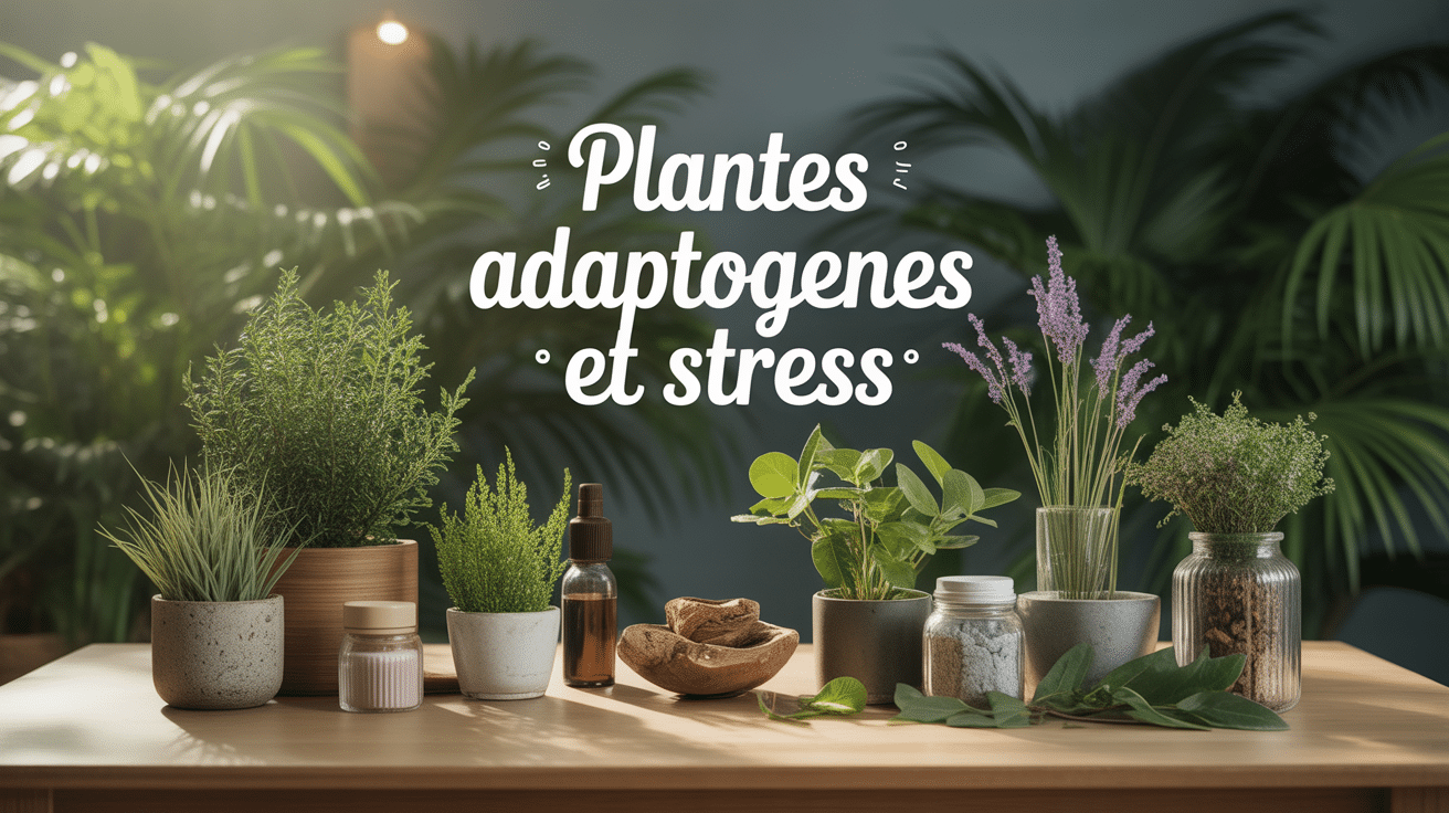 Assortiment de plantes adaptogenes sur table, ambiance zen