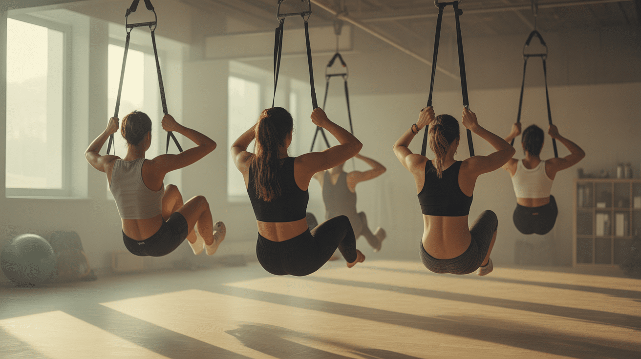 Silhouettes en harnais pratiquant le bungee fitness dans une salle