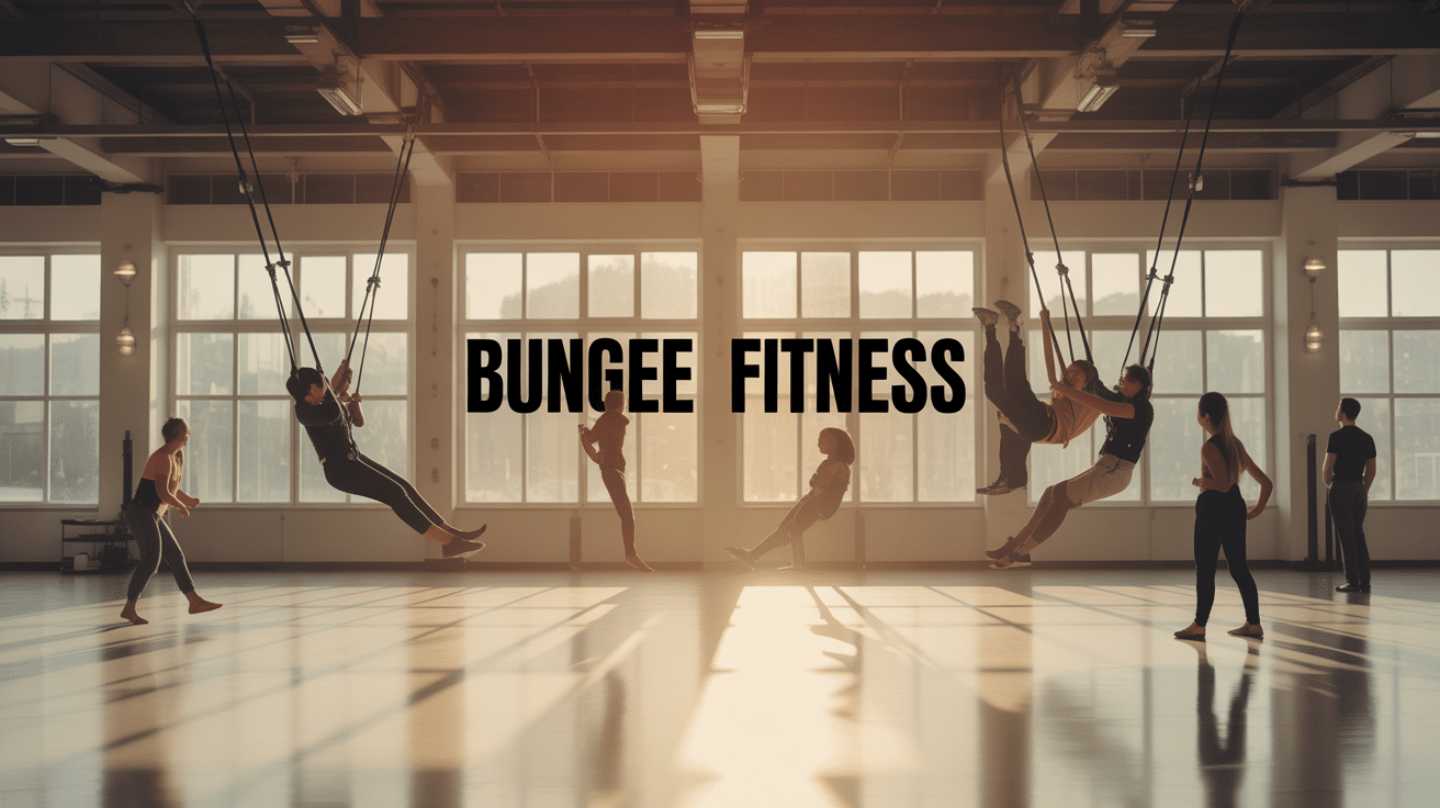 Personnes en harnais effectuant le bungee fitness dans une salle lumineuse