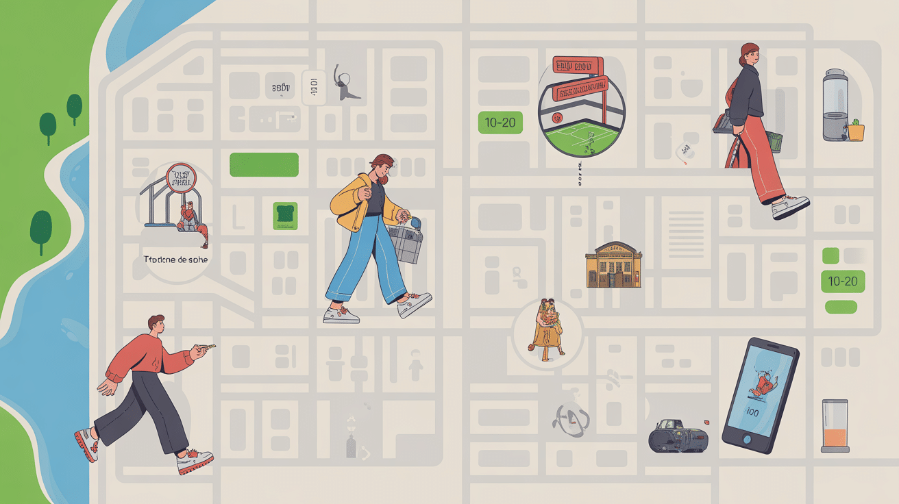 Carte avec icônes de salles bungee fitness prix et navigation