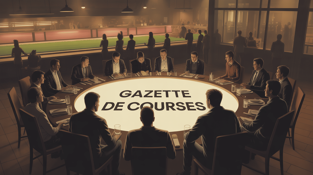 Turfistes autour tablette Gazette des Courses soirée ambiance hippique