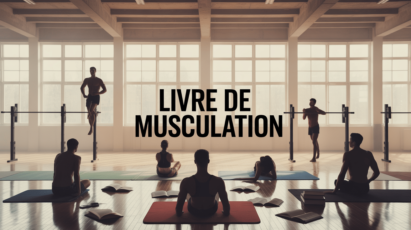 Silhouettes d’hommes et femmes tous niveaux dans une salle de sport lumineuse avec livre de musculation