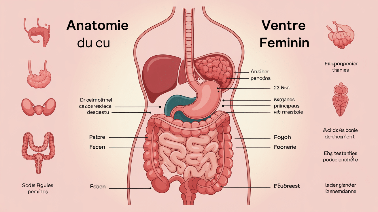 Illustration abdomen feminin avec organes principaux en schema