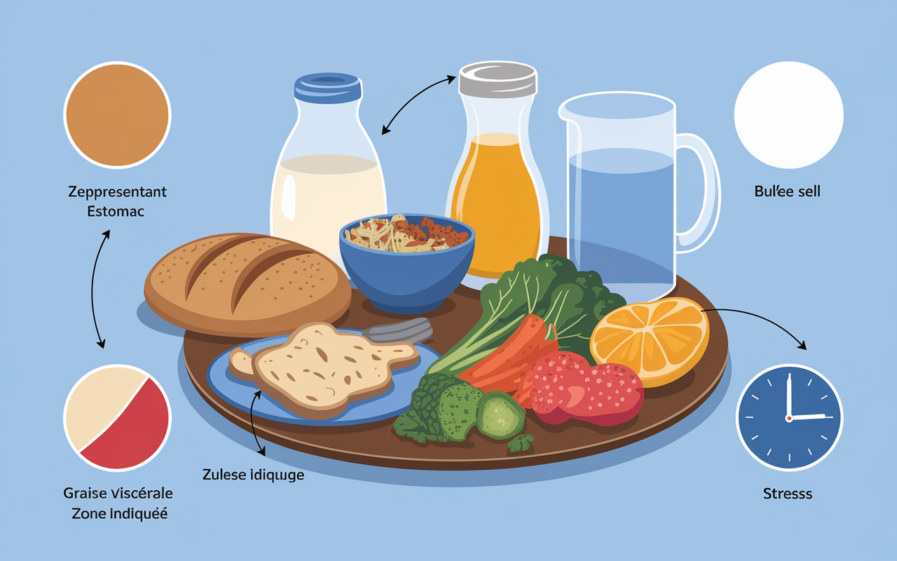 Aliments, estomac, graisse viscérale, verre d’eau, stress, image éducative