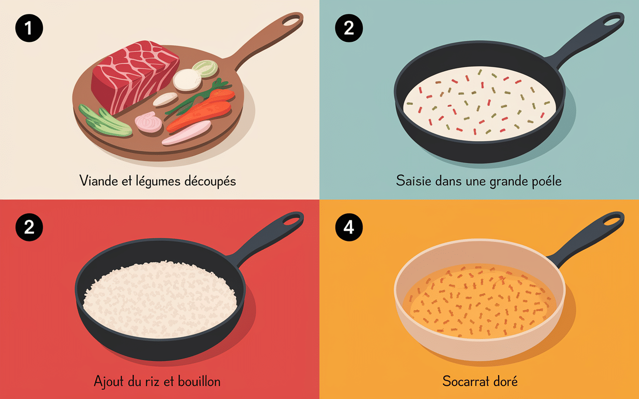 étapes recettes paella poulet chorizo cuisson et socarrat