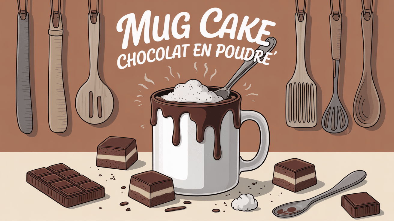 mug cake chocolat en poudre chaud et moelleux dans un mug