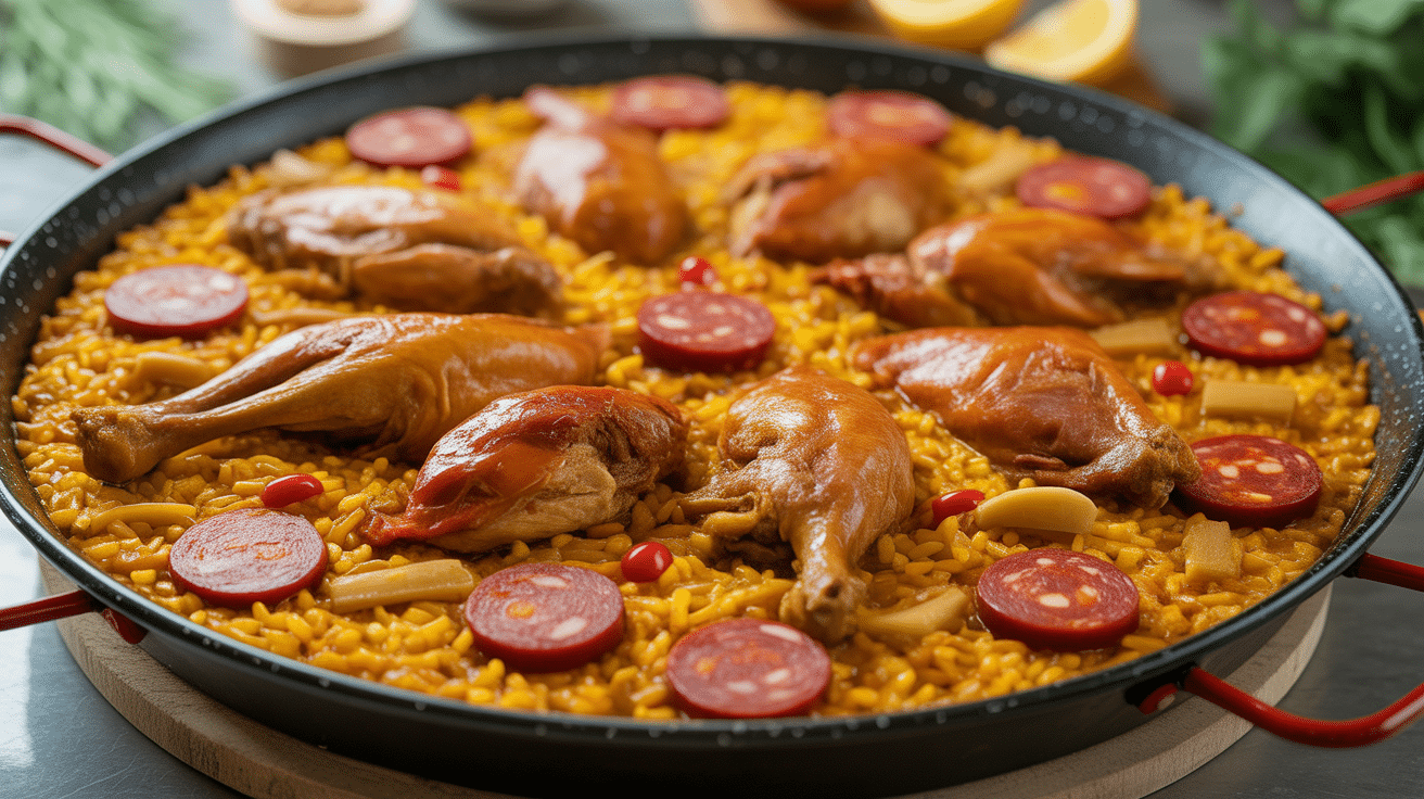 paella poulet chorizo familiale dans la poêle avec citron et persil