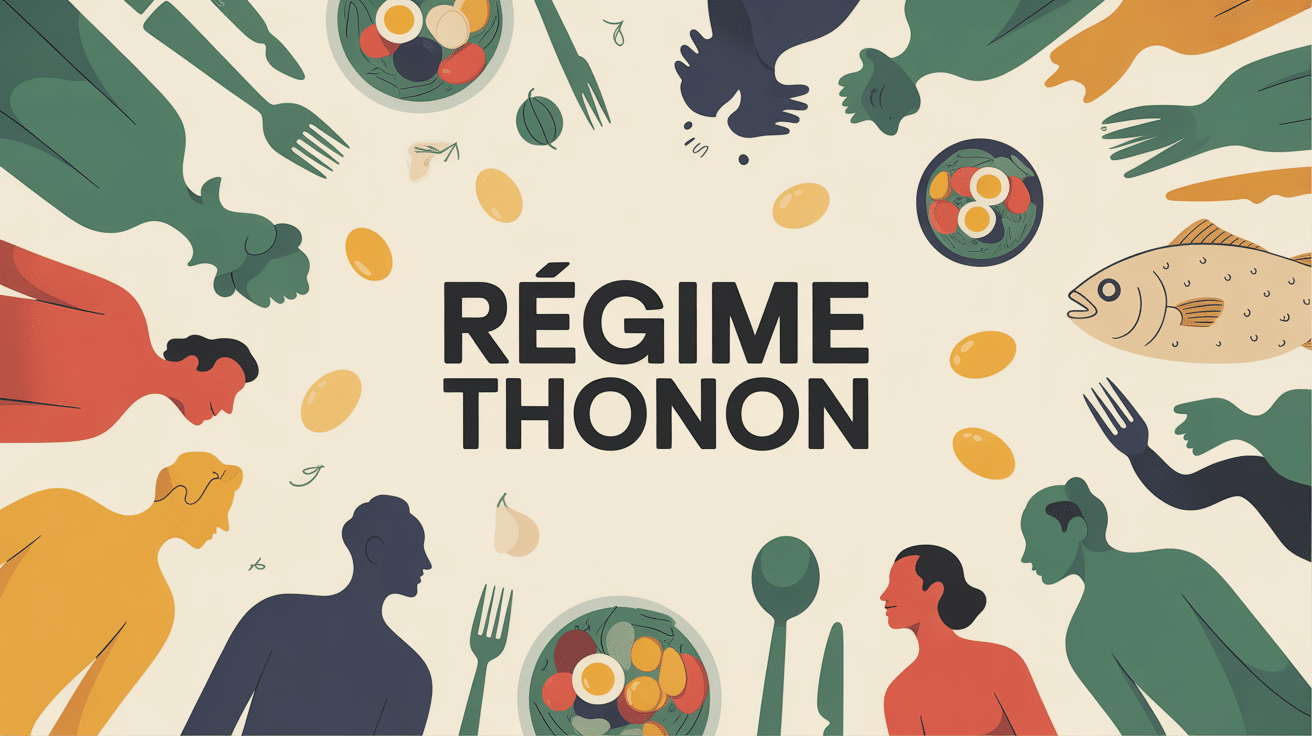 Regime Thonon balance, assiette legumes, oeufs, poisson blanc, silhouettes motivation