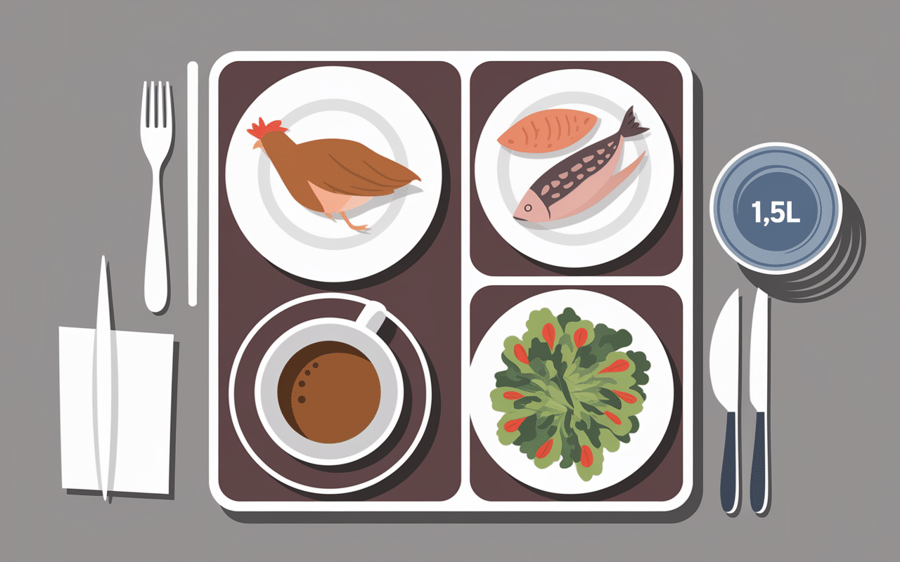 Regime Thonon menu assiette volaille poisson salade cafe hydratation