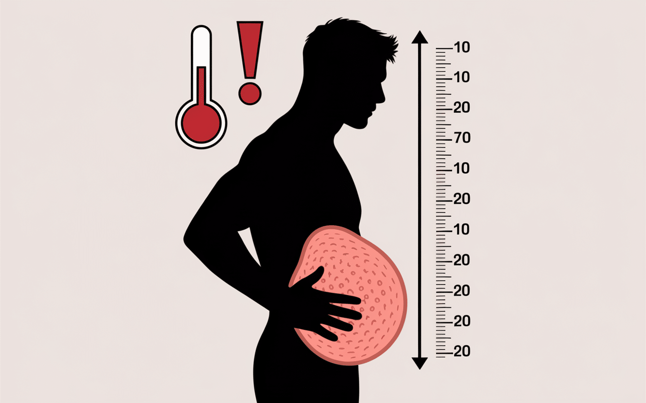 Silhouette homme profil main sur ventre gonflé 102cm, thermomètre, croix médicale