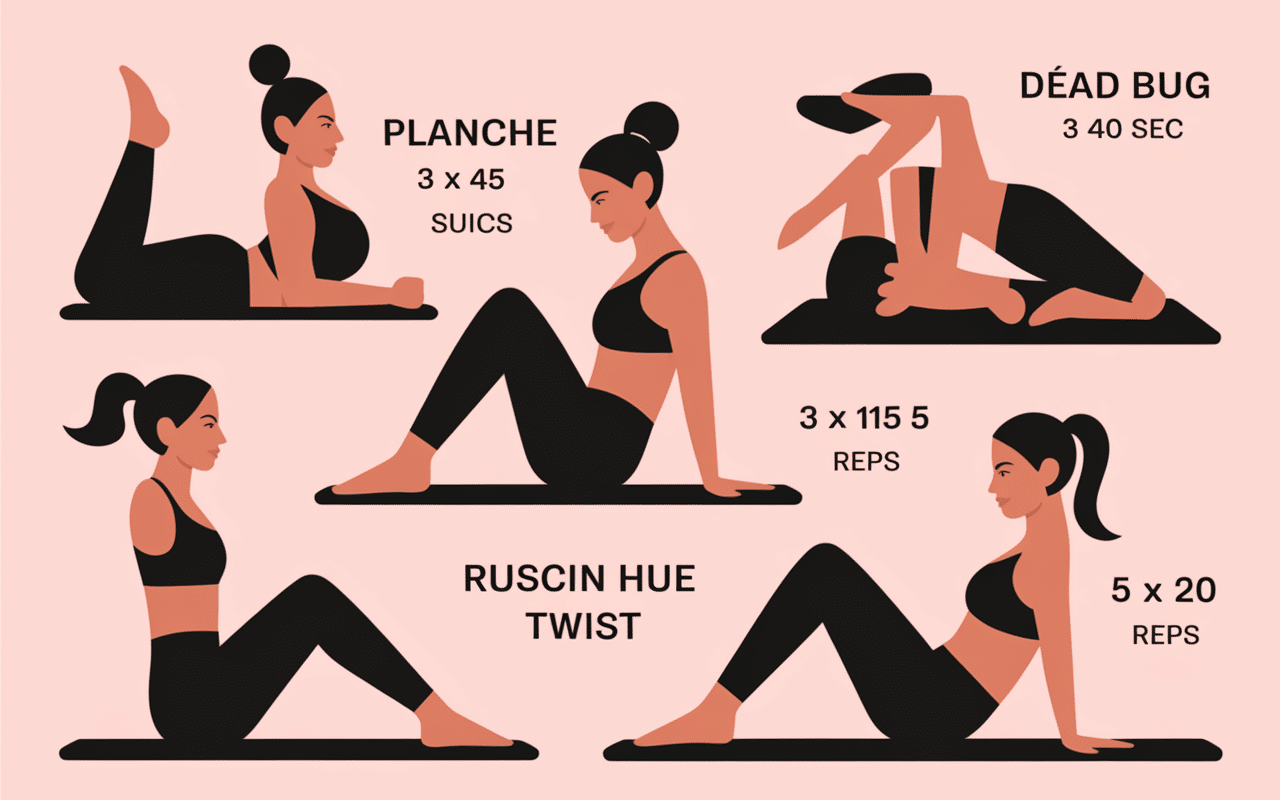 Illustration mouvements abdominaux femmes planche hollow hold dead bug vacuum russian twist