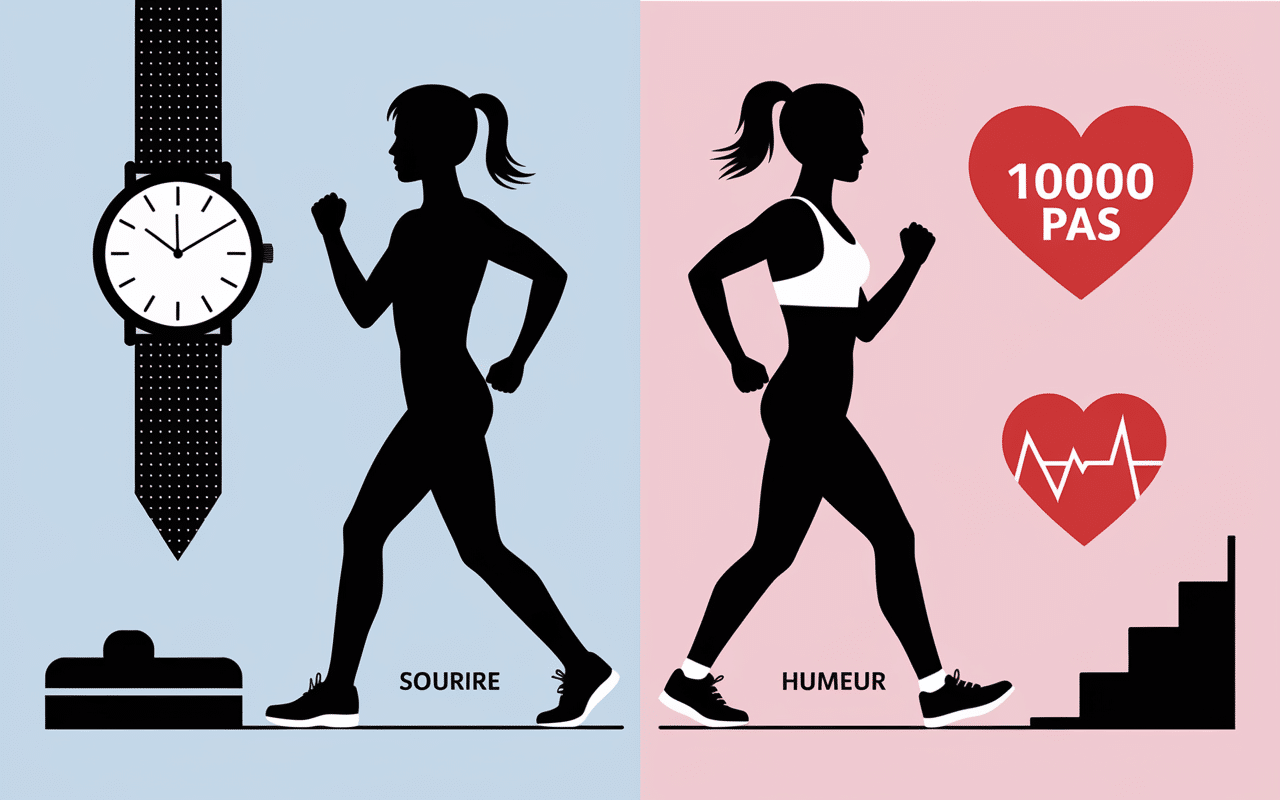 Avant apres sport quotidien, humeur et sante ameliores, icone 10000 pas