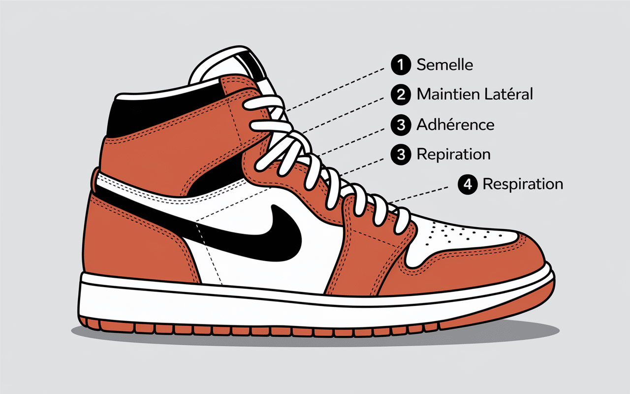 Infographie chaussure salle de sport semelle maintien adherence