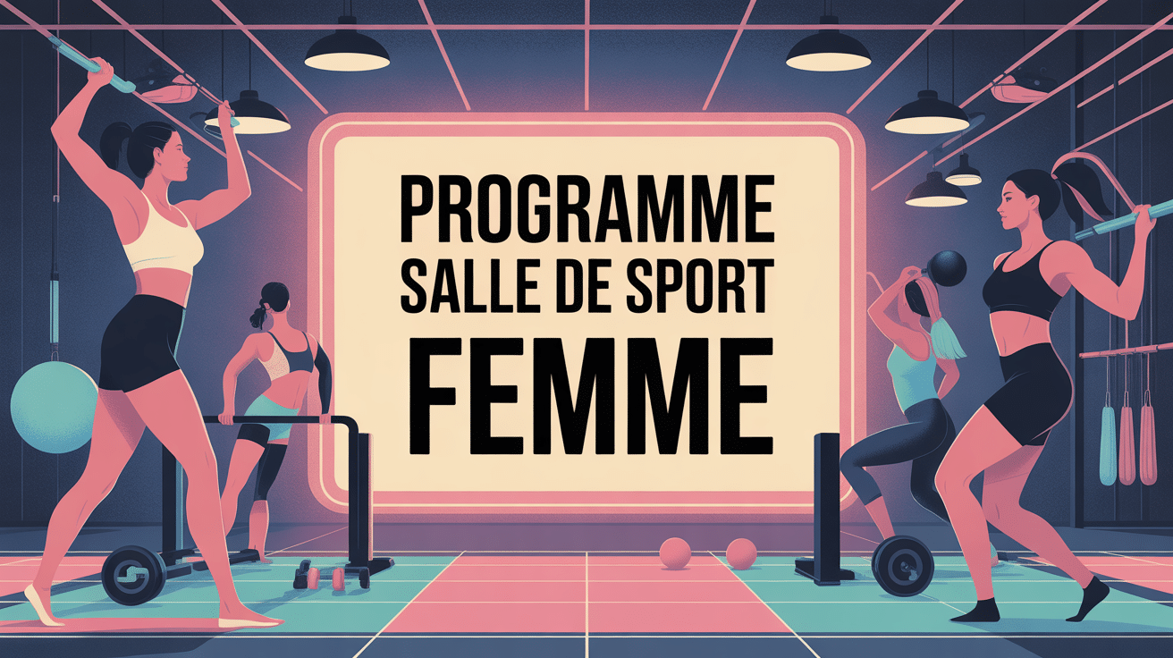 programme salle de sport femme, panneau lumineux, silhouettes féminines, haltères, ambiance fitness