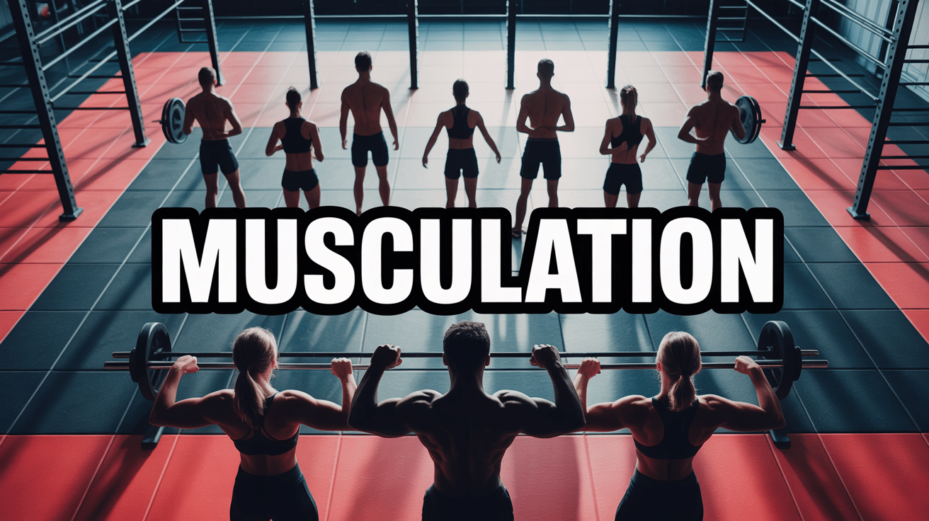 Salle de musculation silhouettes hommes femmes haltères
