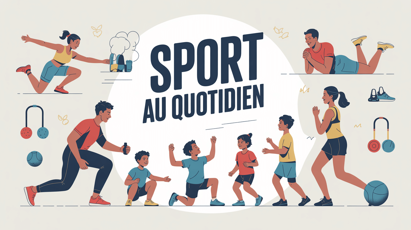 Illustration sport au quotidien, silhouettes d'adultes et enfants en mouvement