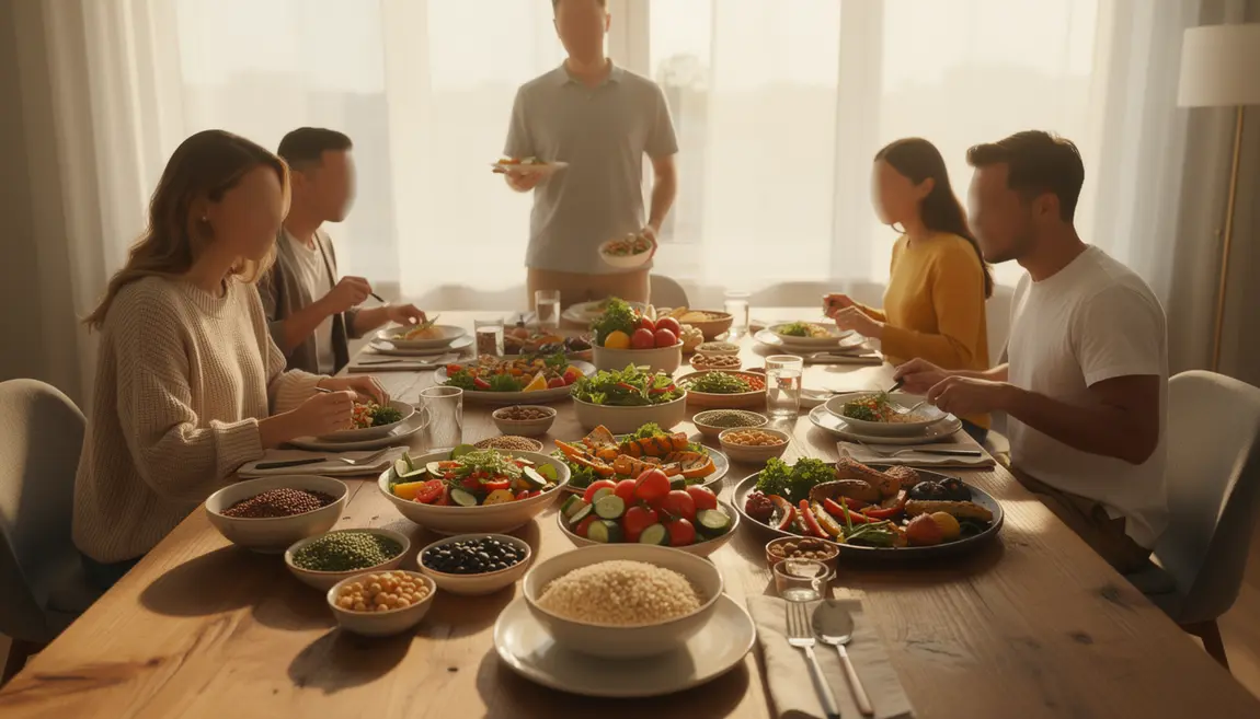 table repas vegan avec plats variés vegetaliens frais et sains