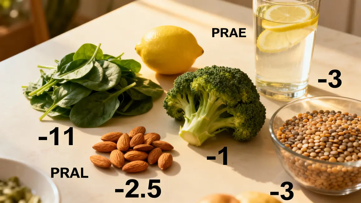 Table aliments alcalinisants PRAL visuel épinards citron amandes