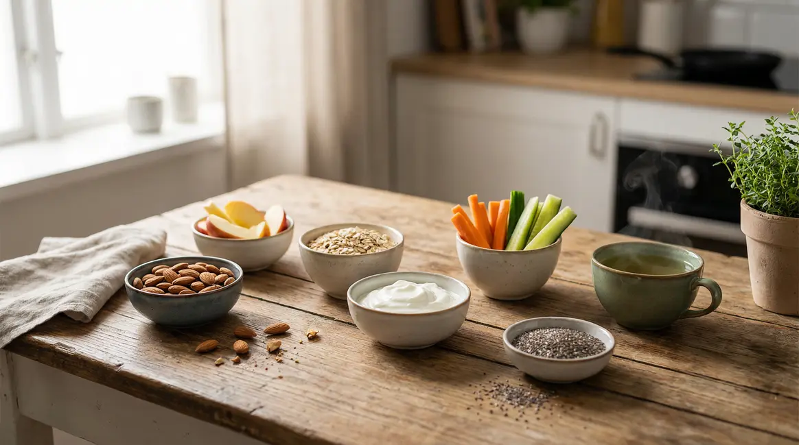 sept aliments naturels coupe faim photorealiste sur table