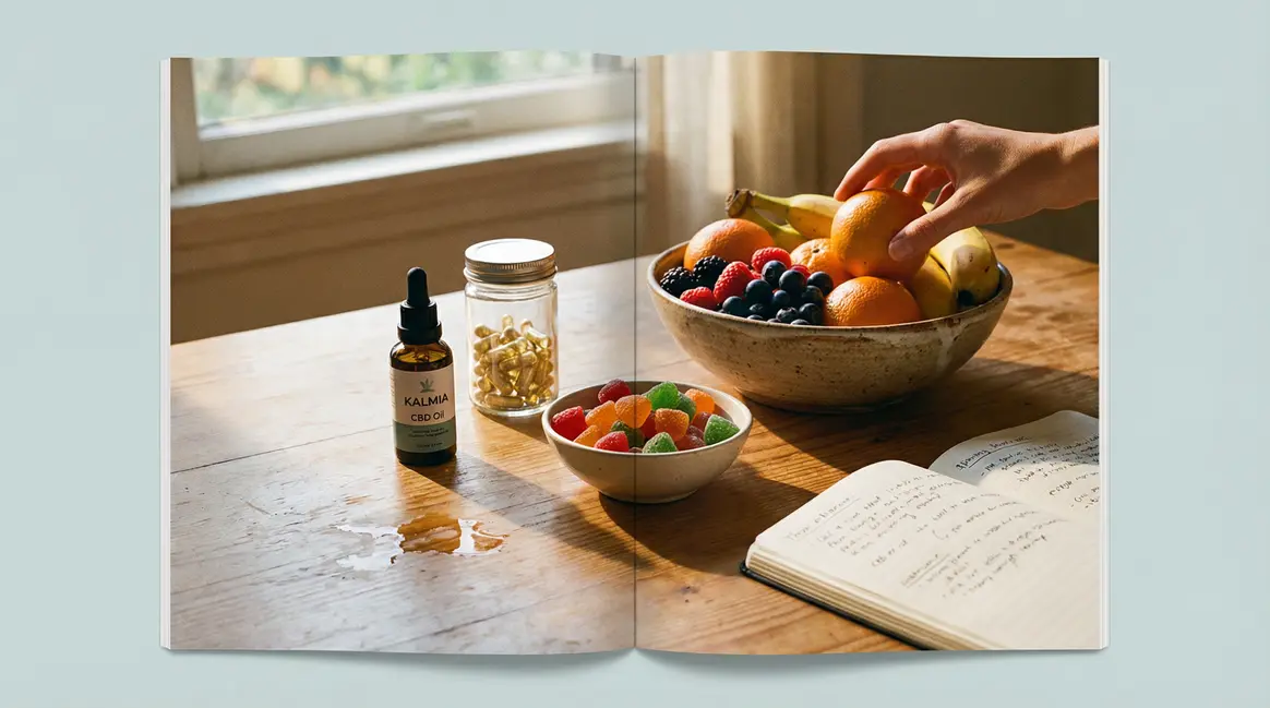 CBD pour la perte de poids huile gelules gummies bol fruits carnet