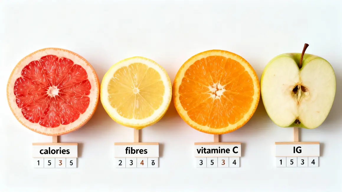 Fruits alignés avec tableau calories fibres IG
