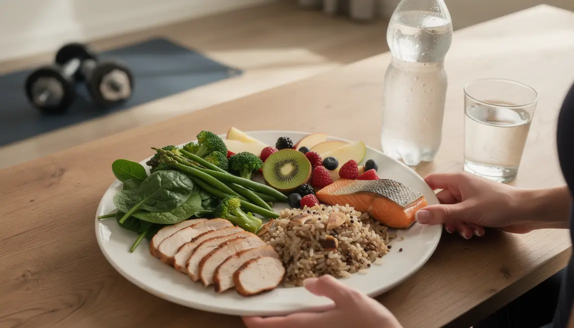Assiette équilibrée alcalinisante pour sportif avec légumes, fruits, viandes maigres, eau minéralisée