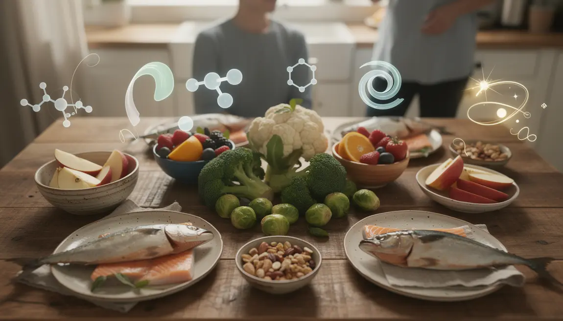 Table aliments sains et symbole hormonal photoréaliste