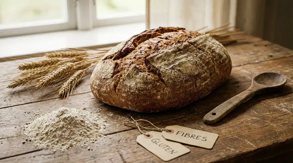 miche de pain de seigle rustique avec farine et étiquettes gluten fibres