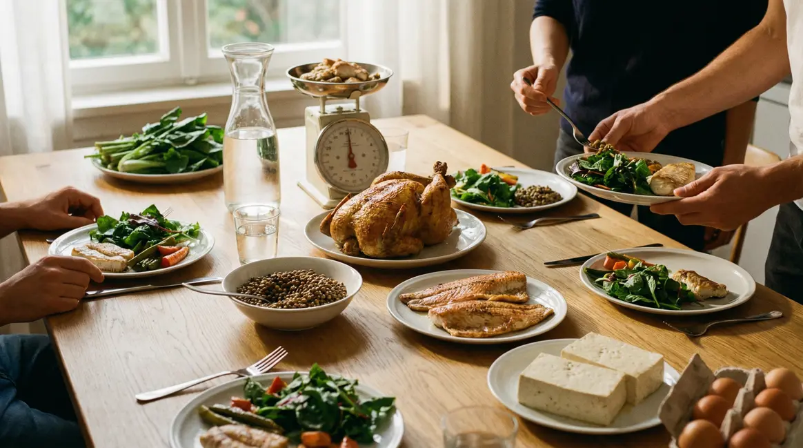 Aliments riches en protéines et balance pour régime hyperprotéiné