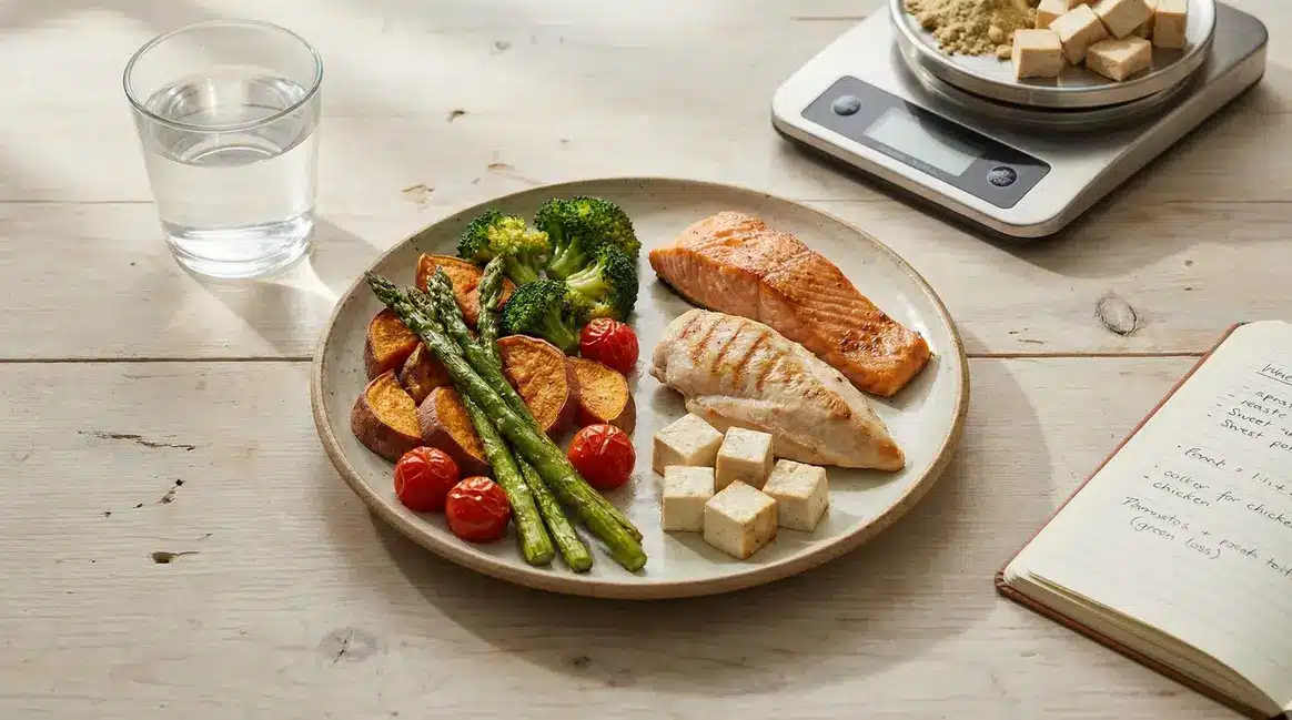 assiette régime hyperprotéiné légumes et protéines