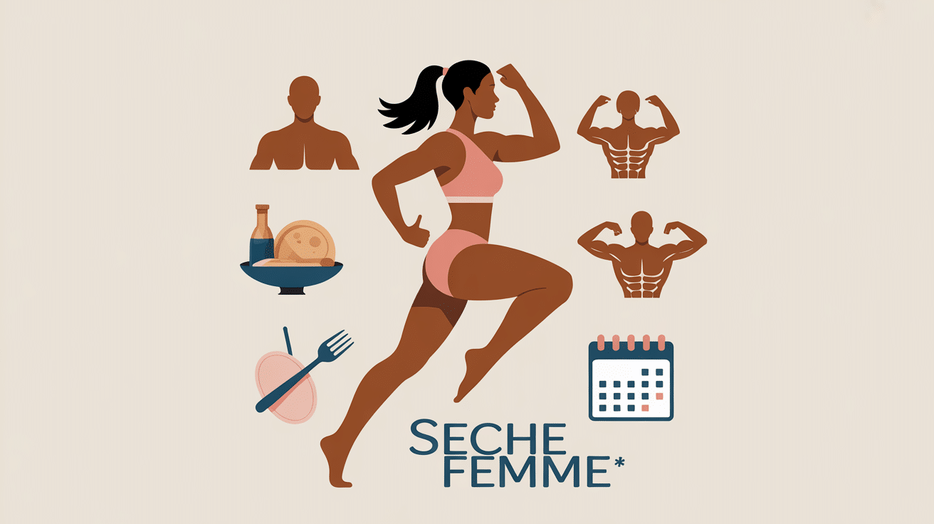 Seche Femme athletique equilibree, icones nutrition sport repos