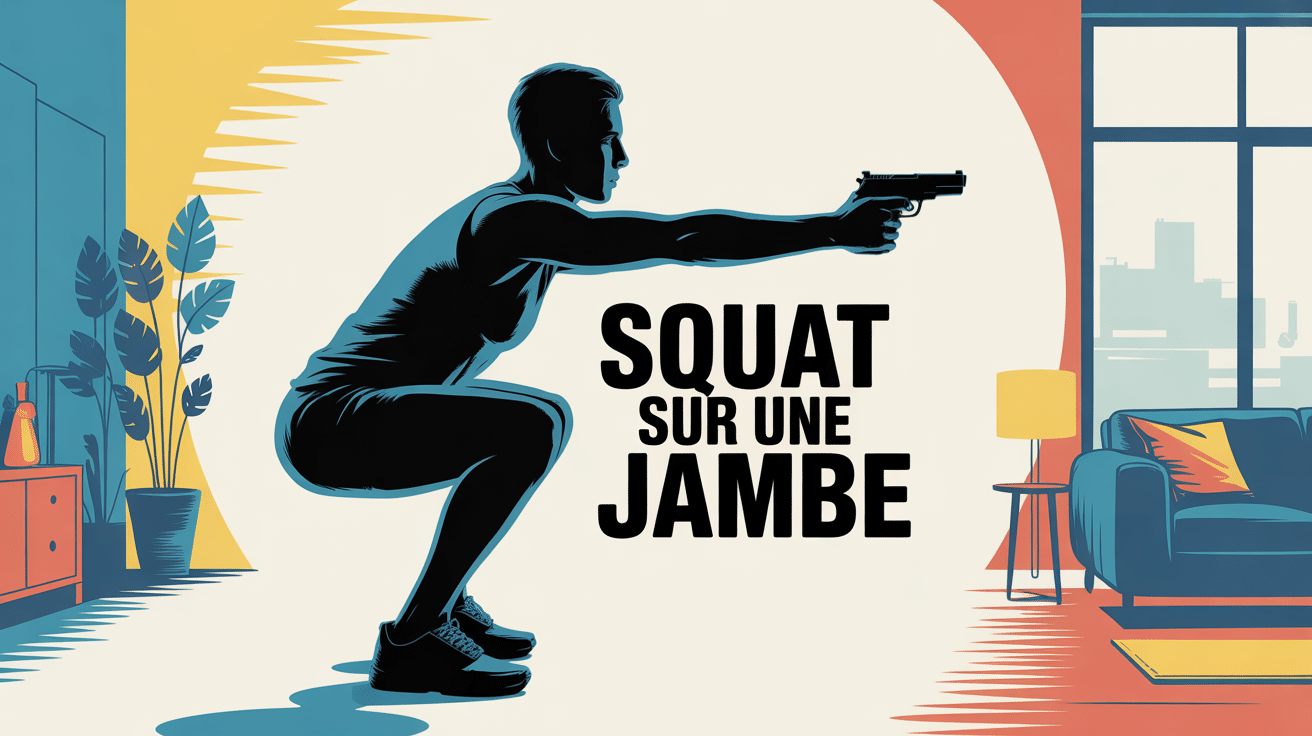 Pistol squat sur une jambe dans decor epure appartement