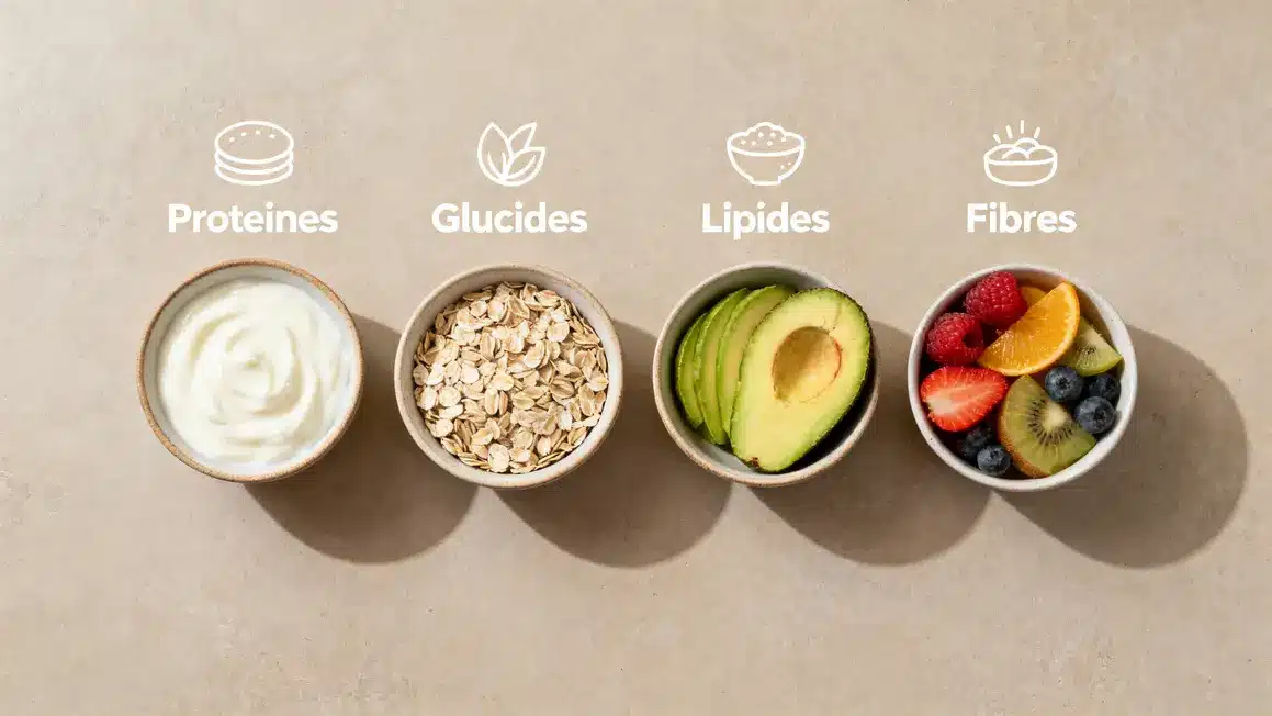 Bols avec proteines, glucides, lipides, fibres, petit dejeuner equilibre 300 calories