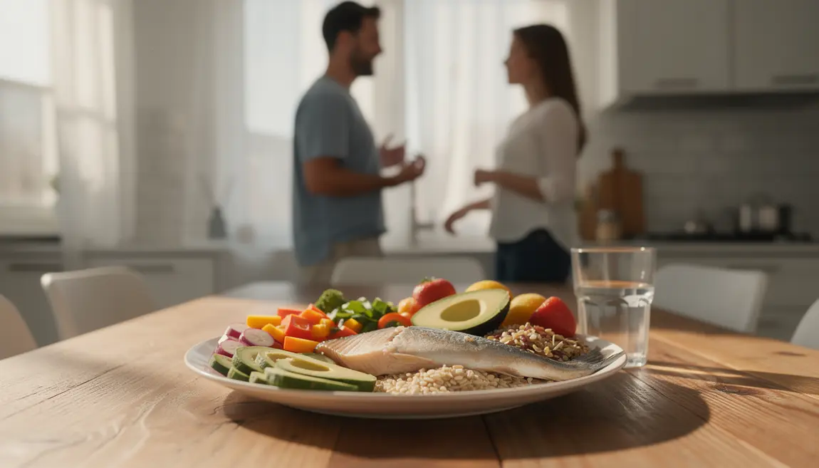 Regime dash assiette equilibree aliments sains eau ambiance positive