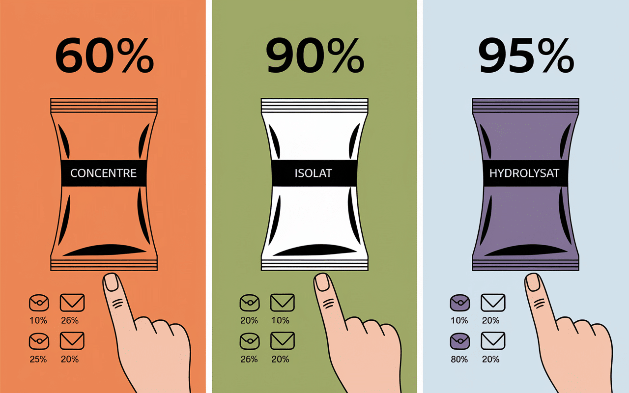 Sachets whey concentré isolat hydrolysat badges comparatif