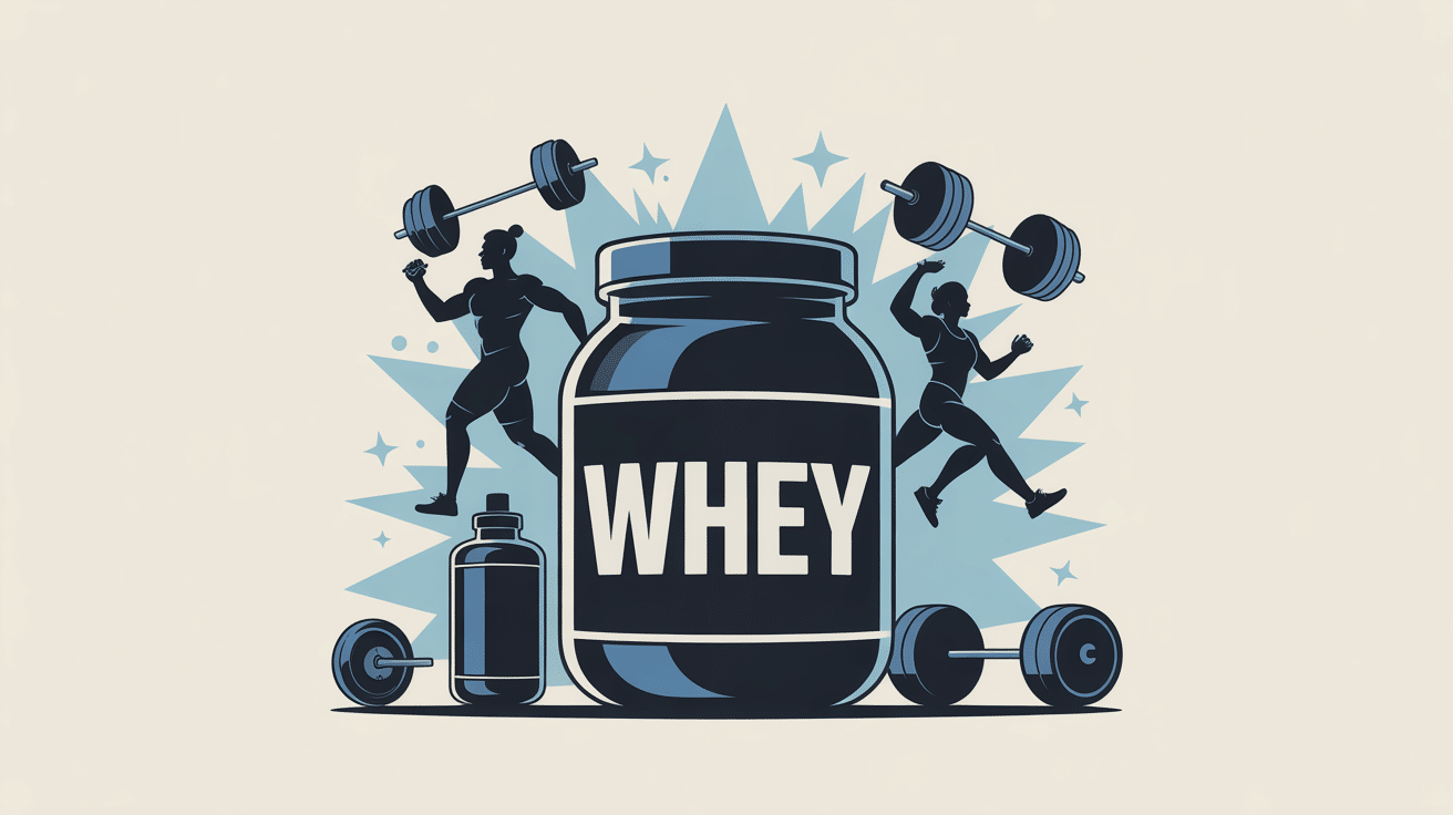 Pot de whey entouré de sportifs et accessoires