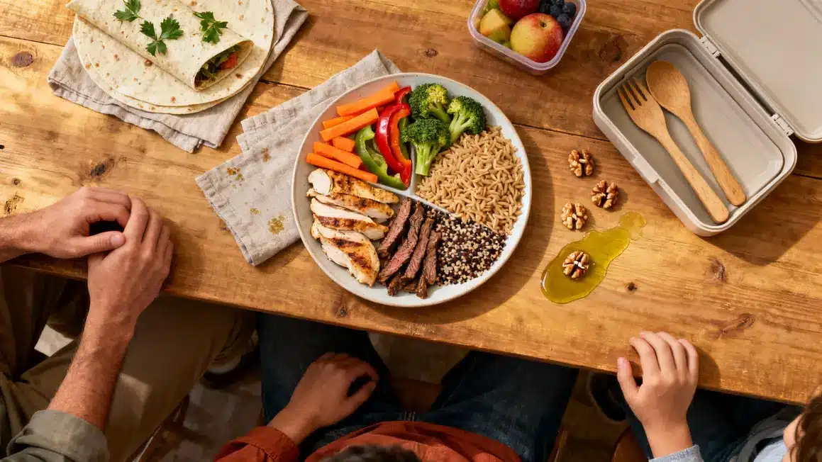 Assiette repas équilibré protéines légumes glucides