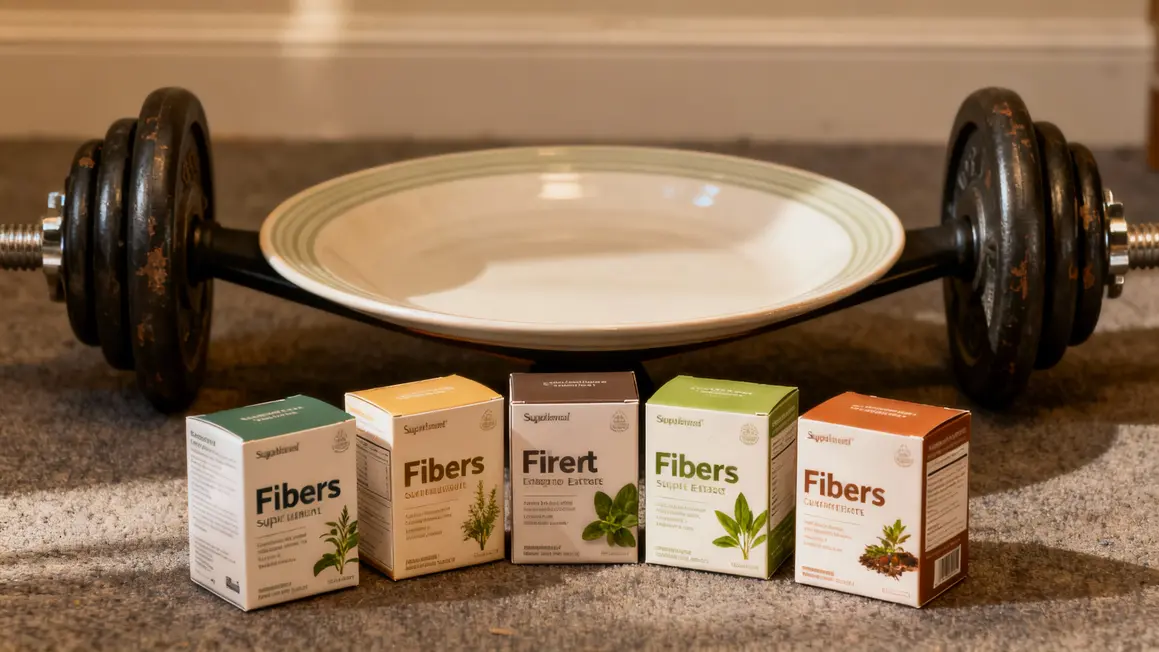 Boîtes compléments minceur, fibres, plantes, assiette et haltères