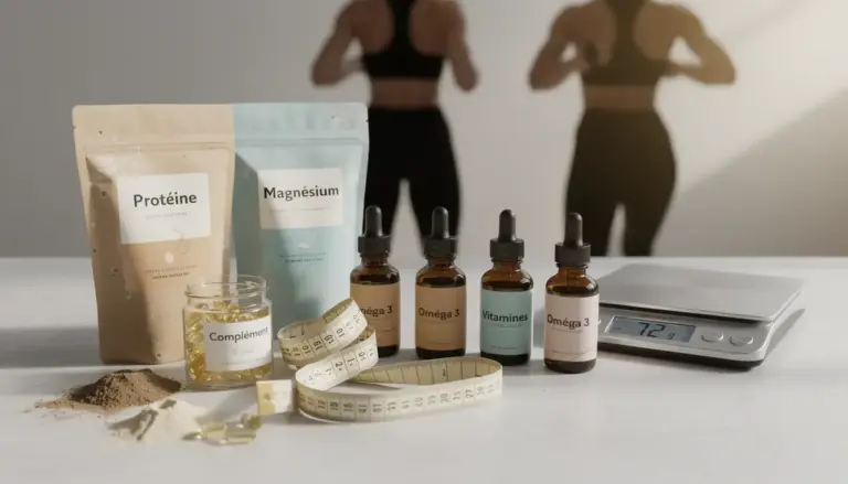 Gélules, poudre et flacons de compléments alimentaires minceur sur table avec mètre et balance