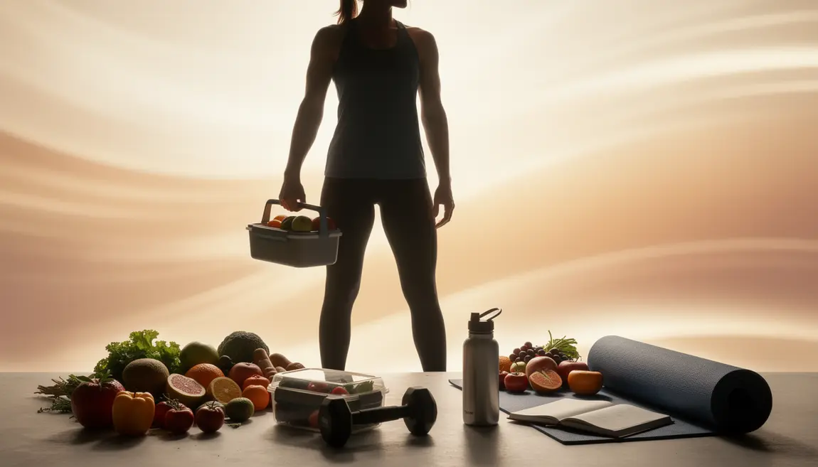 Personne active lunchbox fruits légumes musculation yoga