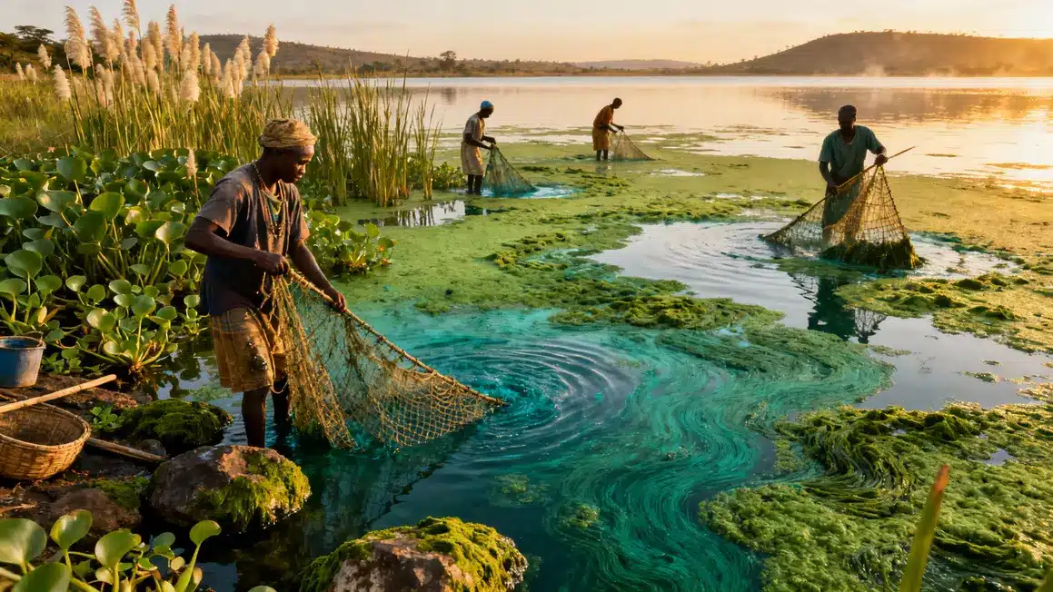 recolte spiruline lac africain vegetation